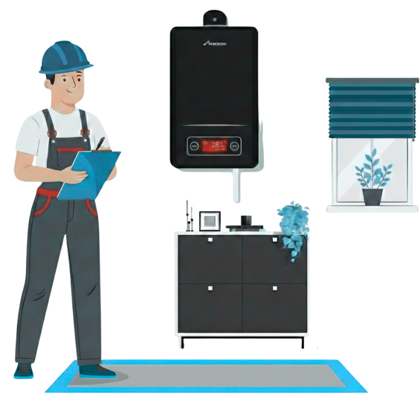 Gas Safe engineer inspecting wall-mounted boiler during heating service in Bedford