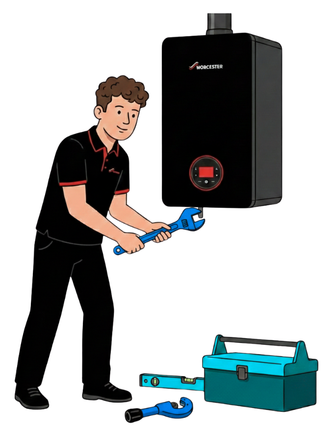 Heating engineer repairing Worcester Bosch boiler in Bedford home