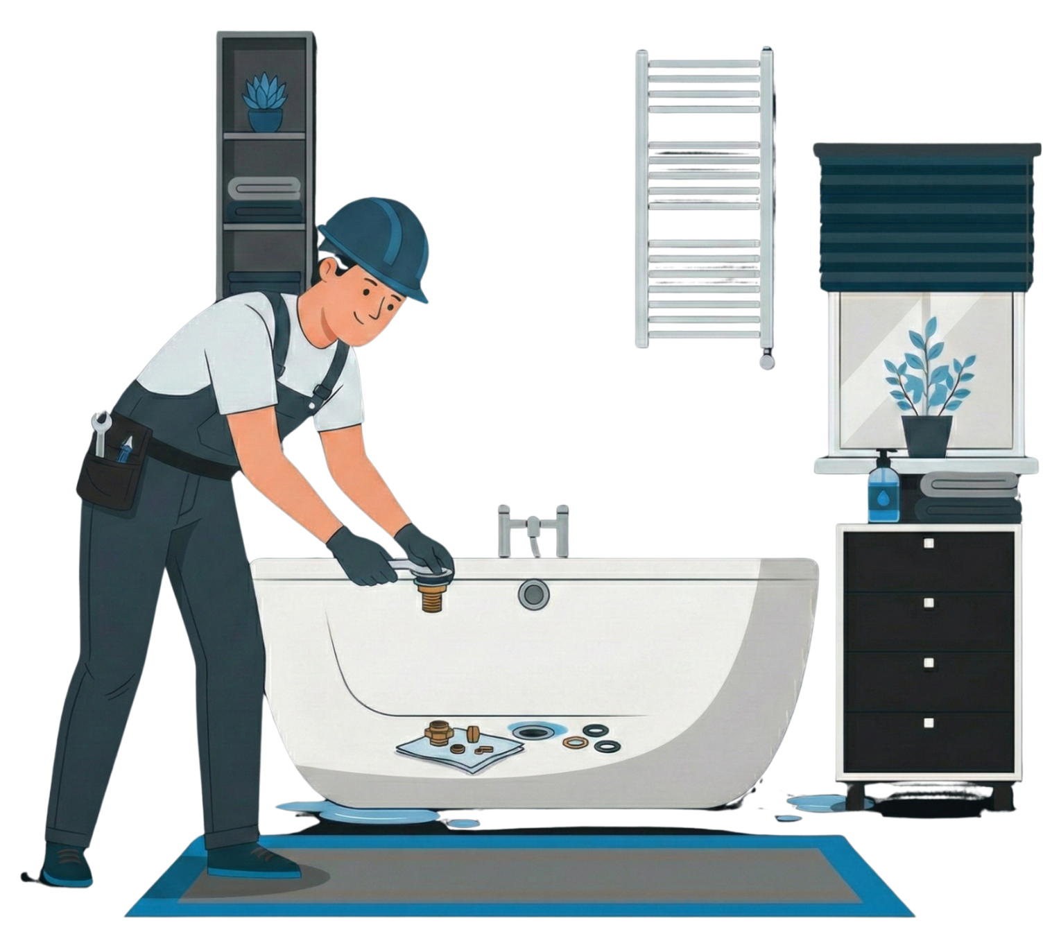 Plumber installing bath and bathroom fittings in Bedford home